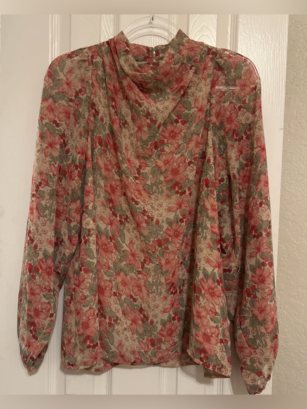 entro Sheer Floral Draped Neck Lined Blouse - Pink & Cream